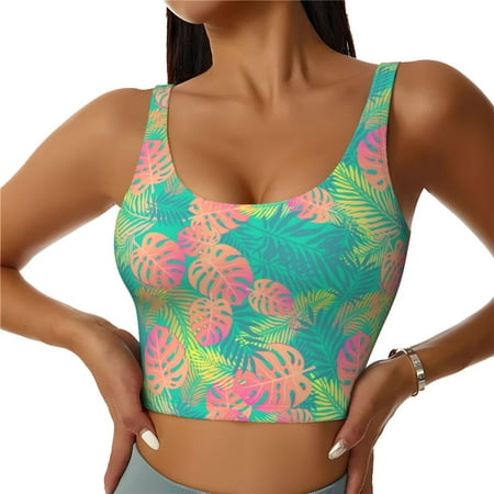 Jgfou Colorful Palm Leaves Print Womens Sports Bra - Padded Workout Sports Bras Crop Tank Top