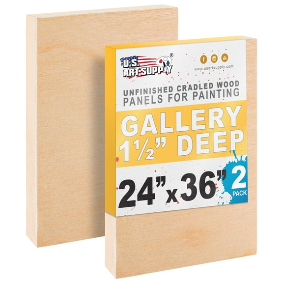 U.S. Art Supply Unfinished Cradled Wood Panels for Painting, 2 Pack of 24x36 inch - Gallery Birch Wooden Canvas Boards 1-1/2" Deep - Mixed-Media Craft, Acrylic, Oil, Encaustic, Paint Pouring