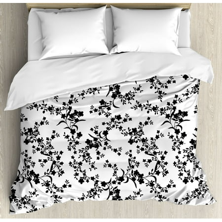 Victorian Duvet Covers Floral Duvet Cover Set, Victorian Style Curved Flower Baroque Blooms Branches Artistic Vintage Motif, Decorative Bedding Set with Pillow Shams, Black and White, by Ambesonne ()