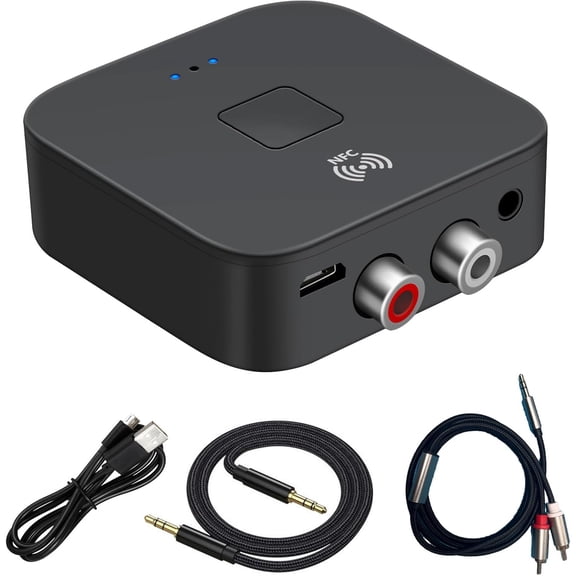 Bluetooth 5.0 Receiver & Adapter, NFC, 3.5mm AUX/RCA Output to Speaker, Amplifier, Car Audio, Headphone, Home Stereo System (Black)