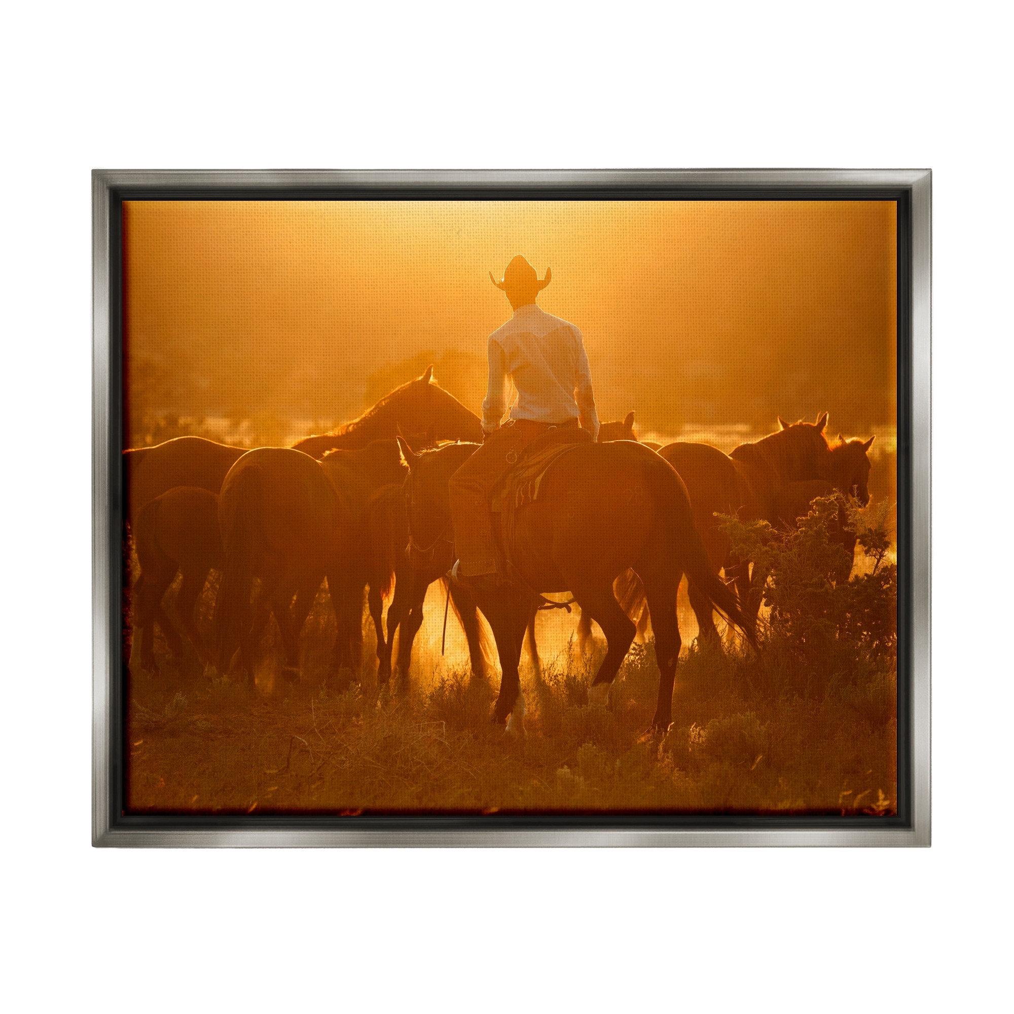 Stupell Industries Warm Sunlit Cowboy Riding Horse Rural Ranch Photograph Luster Gray Floating Framed Canvas Print Wall Art, Design by Lisa Dearing