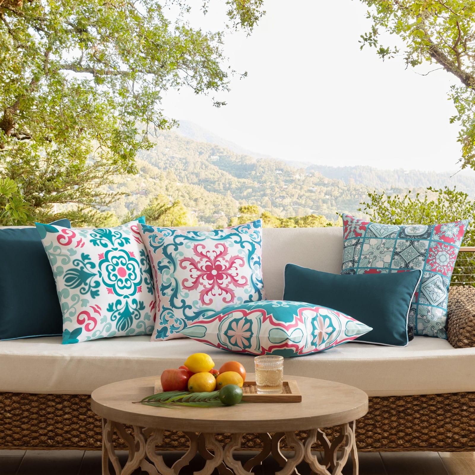 Phantoscope Set of 4 Outdoor Waterproof Faux Leather Throw Pillows Geometric Boho Decorative with Inserts for Patio Garden 18 x 18 inch Teal & Pink