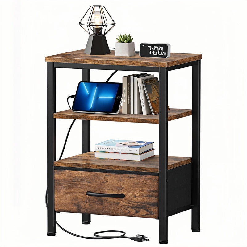 Kelno Nightstand with Fabric Drawer Charging Station USB TypeC Outlets Small Bedside Table with Wood Top Adjustable Shelf, Rustic Brown