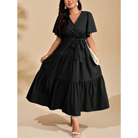 Black Plus Size V-Neck Wrap Maxi Dress With Tiered Ruffle Hem And Self-Tie Waist Belt, Short Sleeve