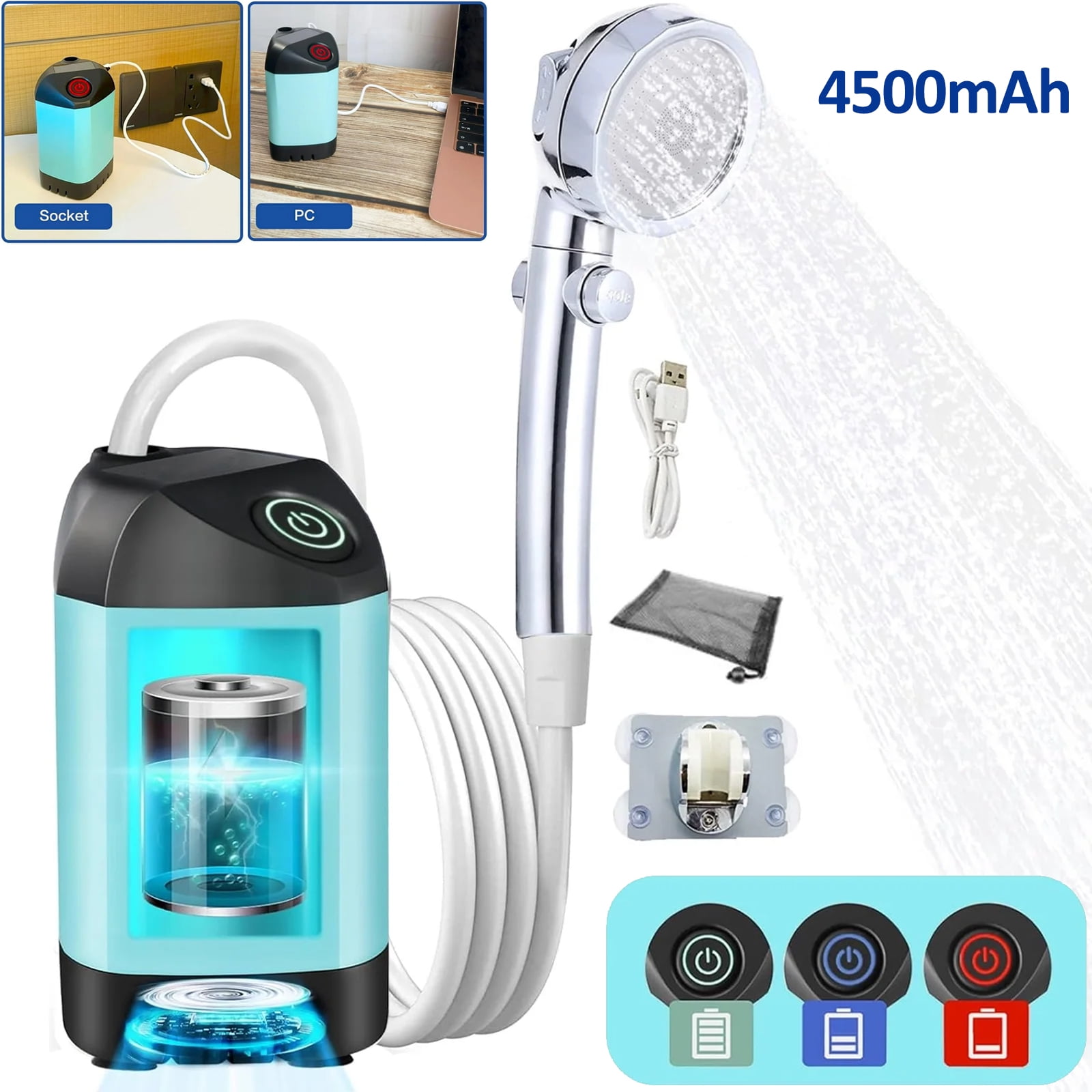 Portable Camping Shower - Upgraded Outdoor Shower with Pressurizer & 4500mAh Rechargeable Battery Pump IPX7 Waterproof for Camp, Hiking, Car Washing, Pet Bath (Blue)