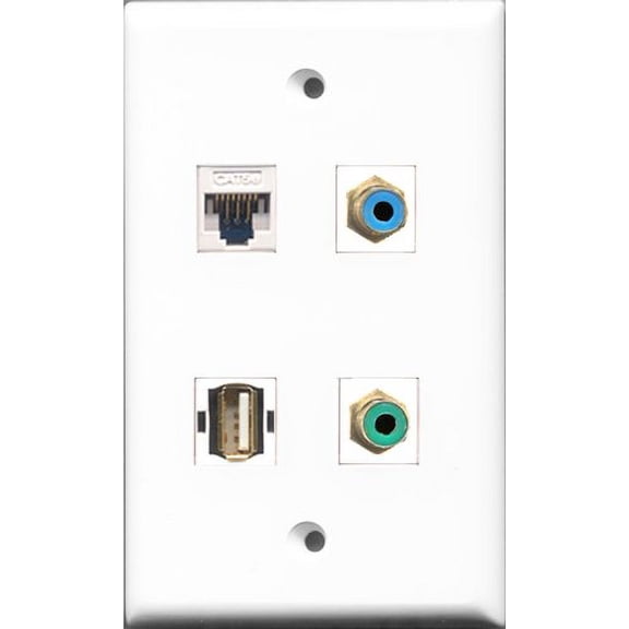 RiteAV 1 Port RCA Green and 1 Port RCA Blue and 1 Port USB A-A and 1 Port Cat5e Ethernet White Wall Plate