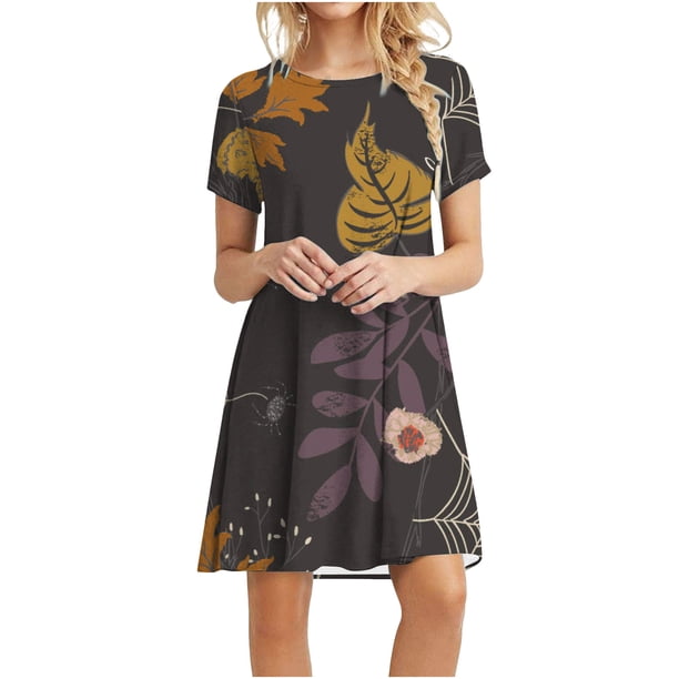 Vestidos estampados de playa con cuello redondo y manga corta informales de moda de verano para mujer Pompotops ghjkhdj14098