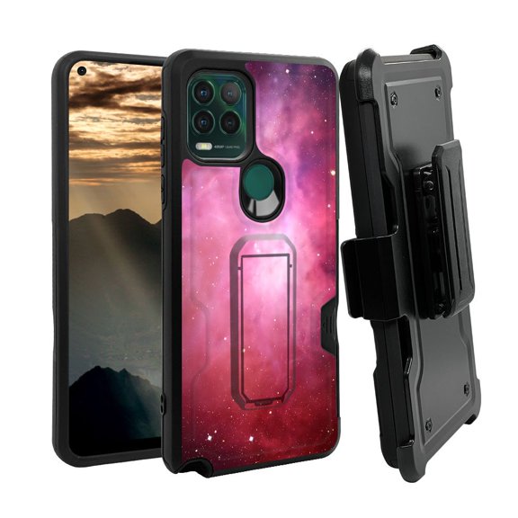 ANJ  Rugged Shockproof Holster Case w/Card Slot, Kickstand   Tempered Glass for Motorola Moto G Stylus 5G - Galaxy Stars (Pink)