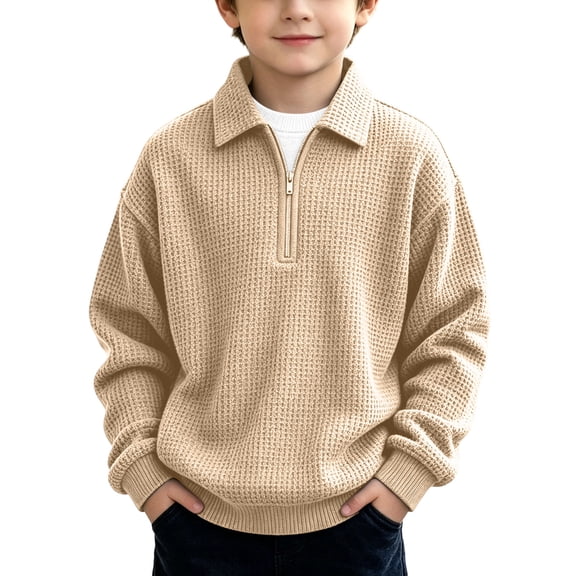 Dnhxils Sweatshirts for Boys Quarter Zip Pullover Long Sleeve Shirt for Kids Waffle Knit Polo Teen Clothes