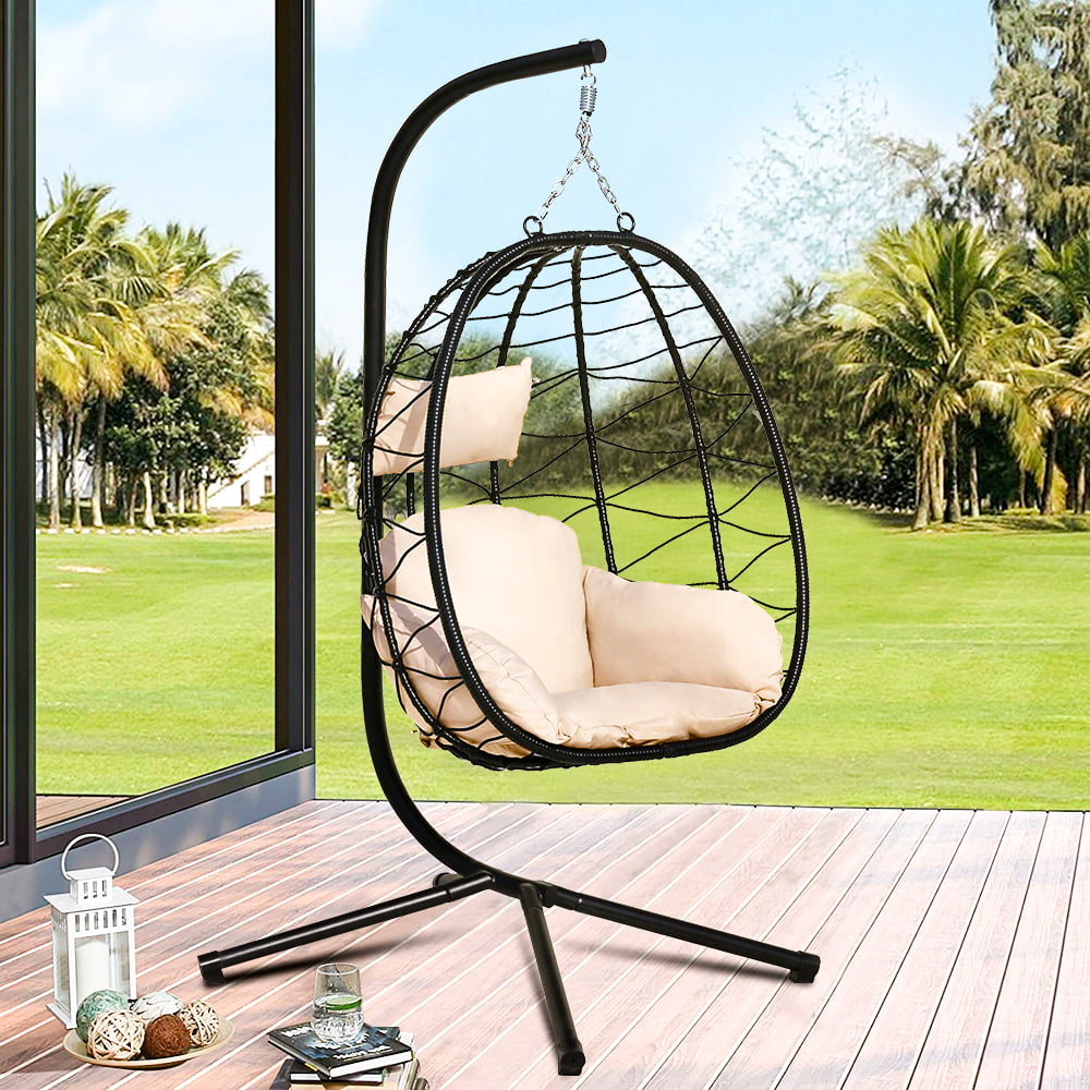 Hanging Wicker Egg Chair with Stand and Khaki Cushion, Heavy Duty Steel Frame Resin Wicker Hanging Chair, Outdoor Indoor UV Resistant Furniture Swing Chair with Headrest Pillow, Holds 264lbs, Q17108