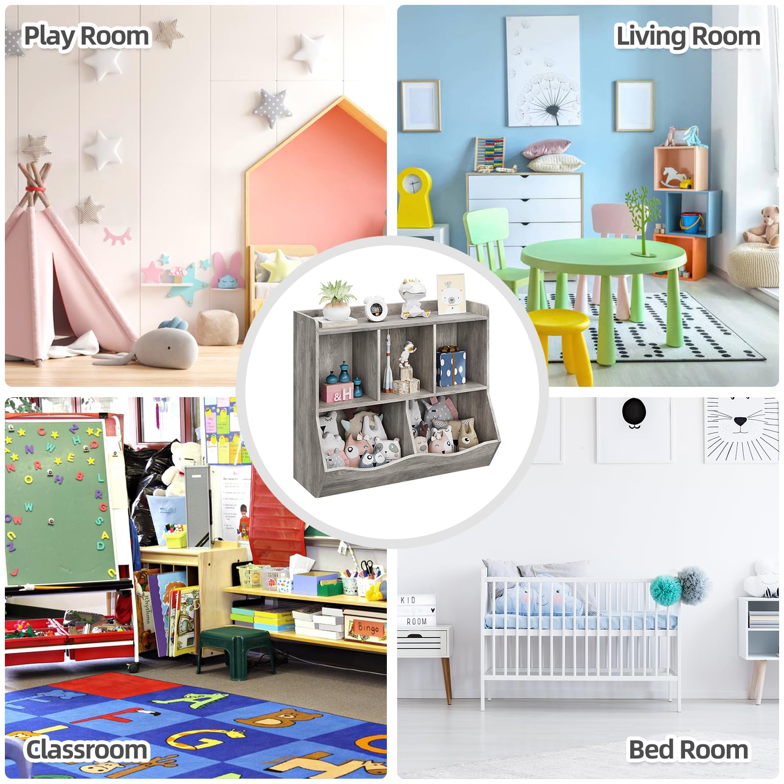 Kids Toy Storage with Bookshelves, Multifunctional Toy Storage Organizer, Toys Box with 5 Storage Compartments, Kids Bookcases Cabinets for Playroom, Bedroom, Nursery, Preschool