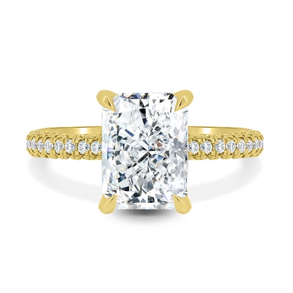 3.00Ct Radiant Lab Grown Diamond Solitaire Ring, Hidden Halo & Triple Pavé, 10K Yellow Gold, US 6.5