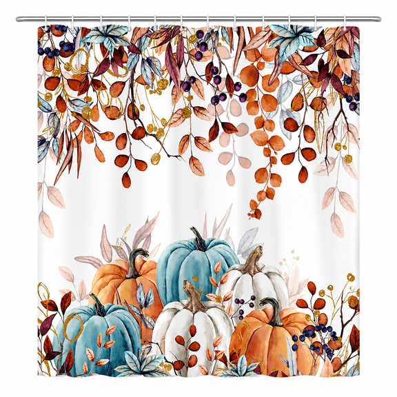 Fall Pumpkin Shower Curtain, Thanksgiving Autumn Maple Leaves Watercolor Floral Harvest Boho Bathroom Curtains with Hooks for Bathroom Bathtubs Decor, Waterproof Polyester Fabric 72x72