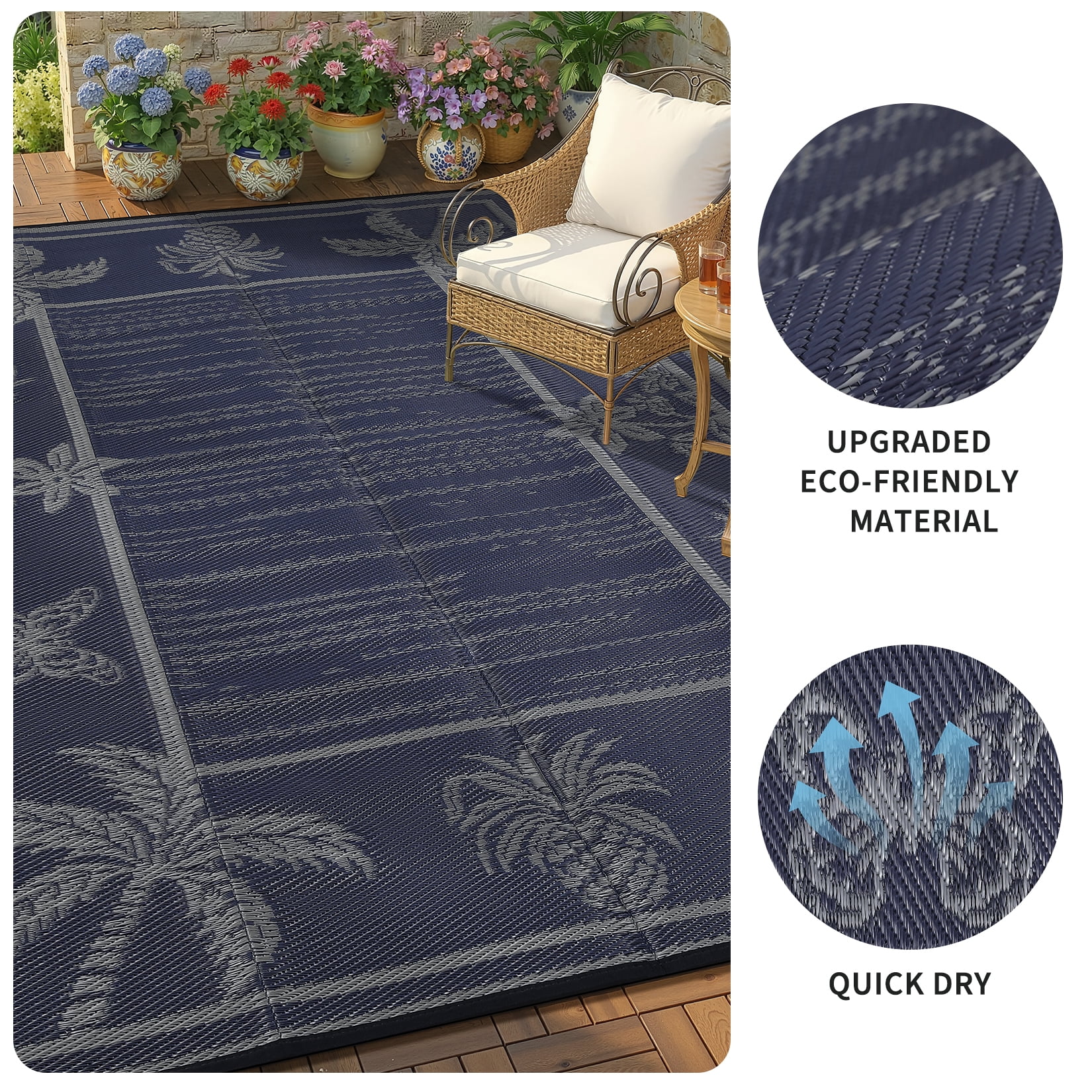 HIWEAVER Navy 9'x 12' Outdoor Rug Garden Decor Floral Bordered Carpet Plastic Straw Waterproof Reversible Patio Area Rug for Balcony Deck Picnic Portable Camping Mat