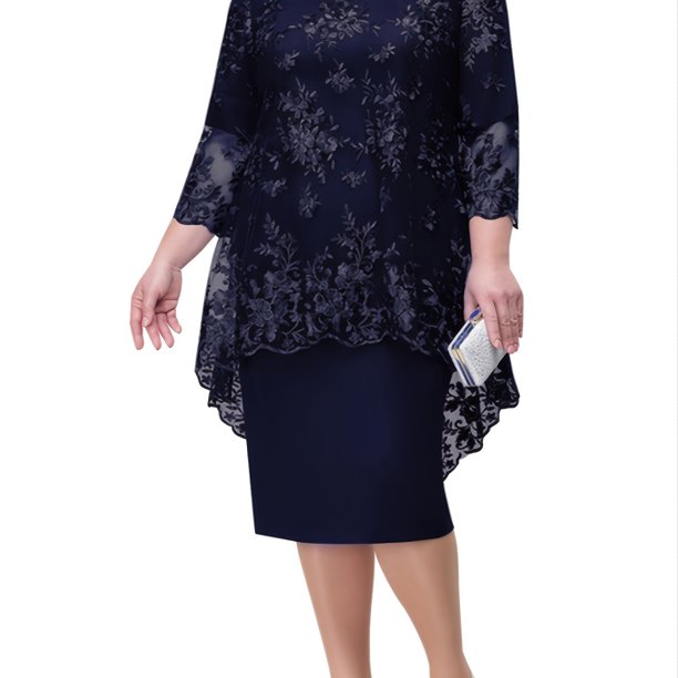 Vestido midi de manga 3/4 sólido de malla de contraste de talla grande, vestido midi elegante bordado de mujer más