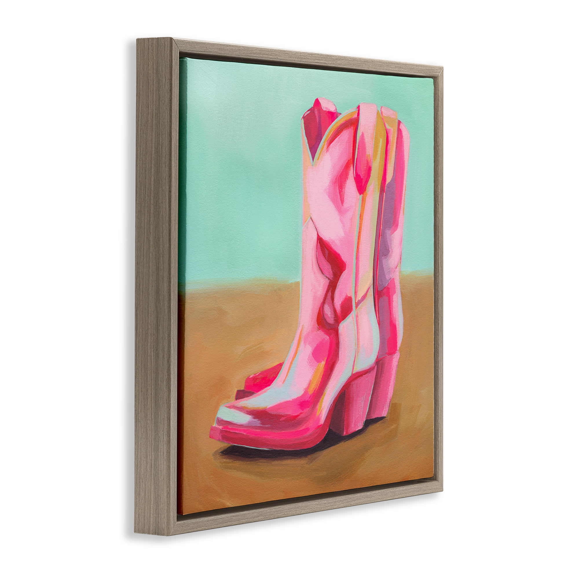 Stupell Industries Pink Heeled Cowgirl Boots Entertainment Painting Brown Floater Framed Canvas Art Print Wall Art, 18 x 18