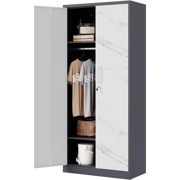 Letaya Wardrobe Closet, 72" H Clothing Storage Cabinet with Adjustable Shelves and Hanging Rod, Bedroom Armoire Clothes Organizer (White Gray)