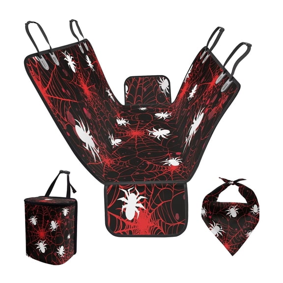Pzuqiu Red Spider Web Dog Car Seat Cover for Back Seat Collapsible Scratchproof Dog Car Hammock with Adjustable Dogs Bandanas Hanging Car Trash Can for SUV,Sedan,Truck