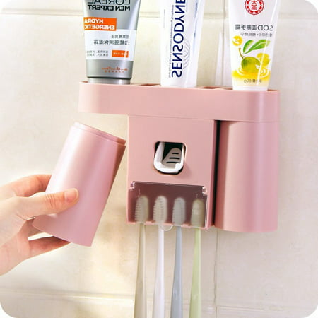 Automatic Toothpaste Dispenser and Toothbrush Holder with 2 Magnetic Suction Tooth Tumblers Wall Mounted Toothpaste Squeezer Bathroom Toothbrush Organizer Countertop Storage (Best Way To Store Toothbrush In Bathroom)