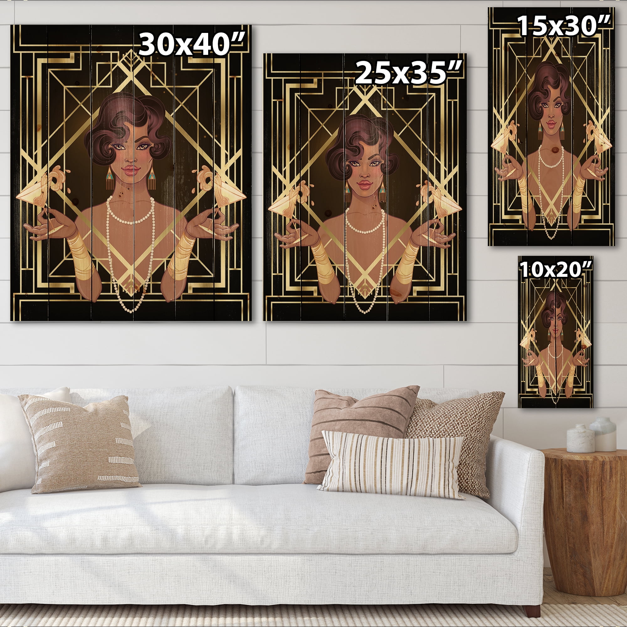 Designart 'Retro Girl In Golden Art Deco Geometrics I' Modern Print on Natural Pine Wood