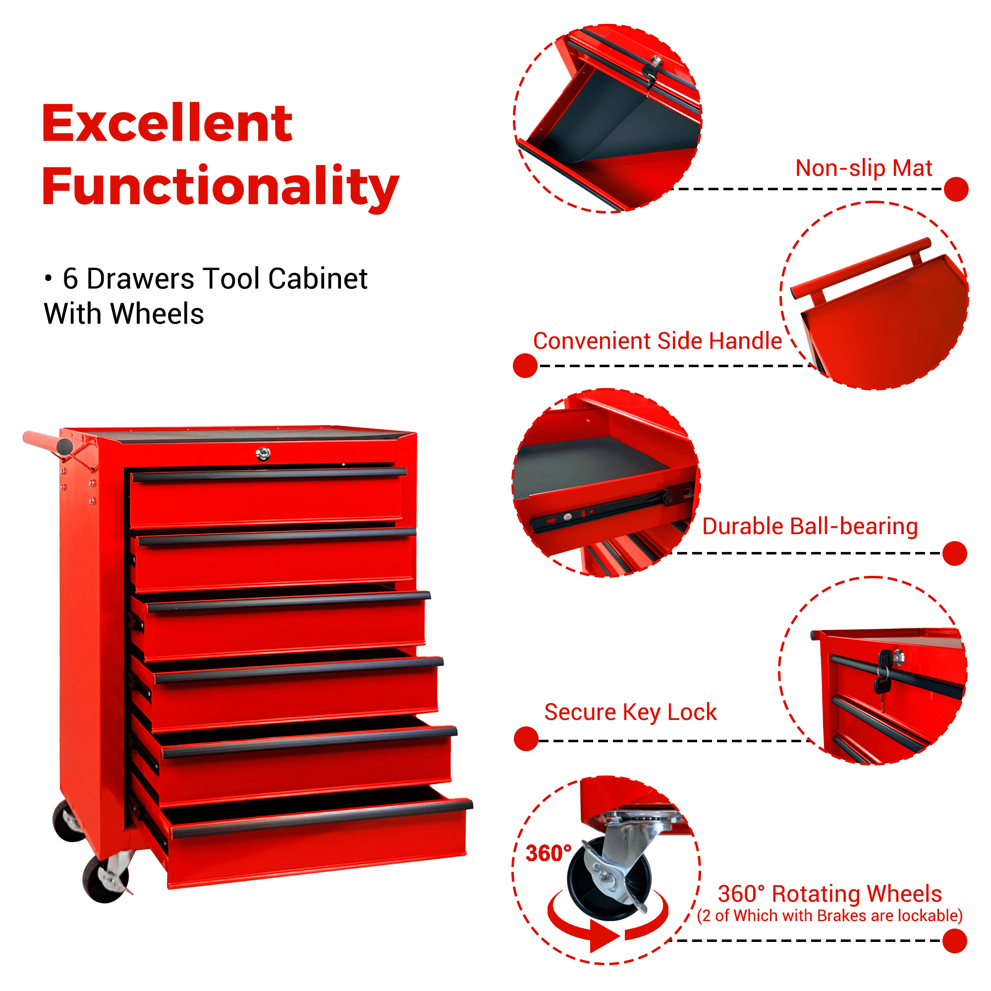 6 Drawer Tool Chest Cabinet with Ball Bearing Drawer Slides,20"W Rolling Metal Tool Chest with 6 Drawers,Steel Tool Storage Box Organizer,Red