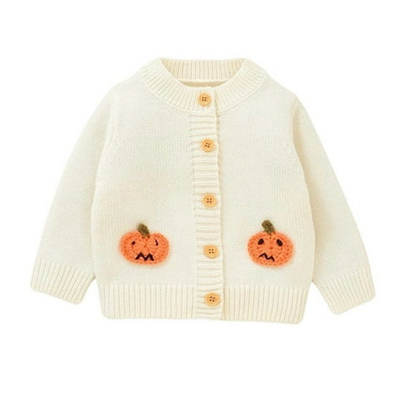 Wuxian Girls Boys Halloween Sweaters Casual Classic Crewneck Pumpkin Embroidery Knited Long Sleeve Cardigan For Toddlers Button Down Soft Comfortable Fall Winter Basic Warm Outwear,18-24 Months