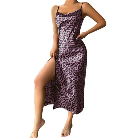 CZSCPDAW Plus Size Lingerie For Women Bodysuits See Through Sexy Deep V Neck Mini Ice Silk Thin Breathable Imitation Silk Sexy Leopard Print Pajamas Women s Backless Slit Suspender Nightdress