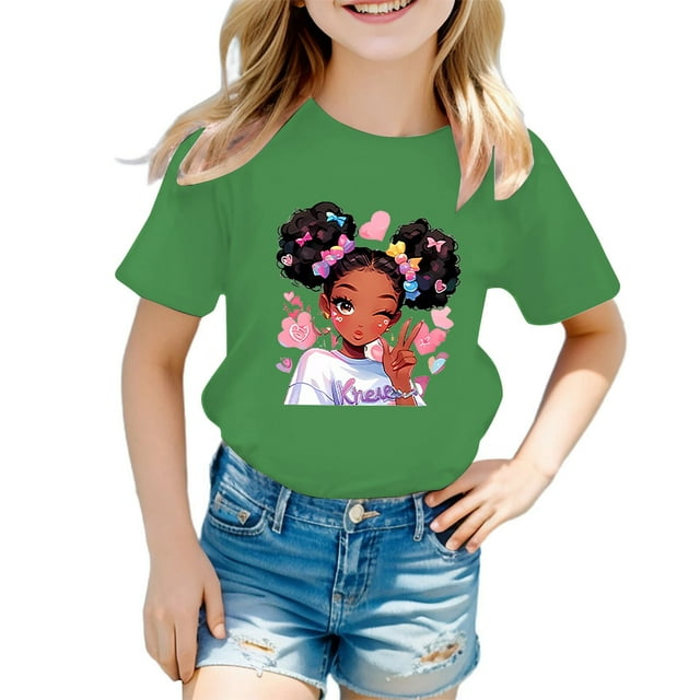 MEZZALL T-Shirt Graphique Mignon pour Fille, Col Rond, Manches Courtes, Tee d'Été Décontracté, T-Shirts Hauts, Vert, 3-4 Ans