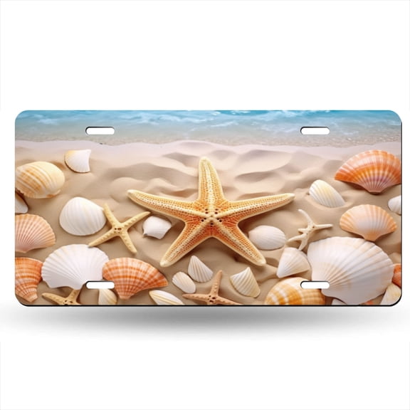 Starfish And Seashells On The Beach With Sand In Front Of Blue Seawater Decorative Signboard, Decorative Metal Plate with 4 Holes, 6x12inch Artistic Plate Frame