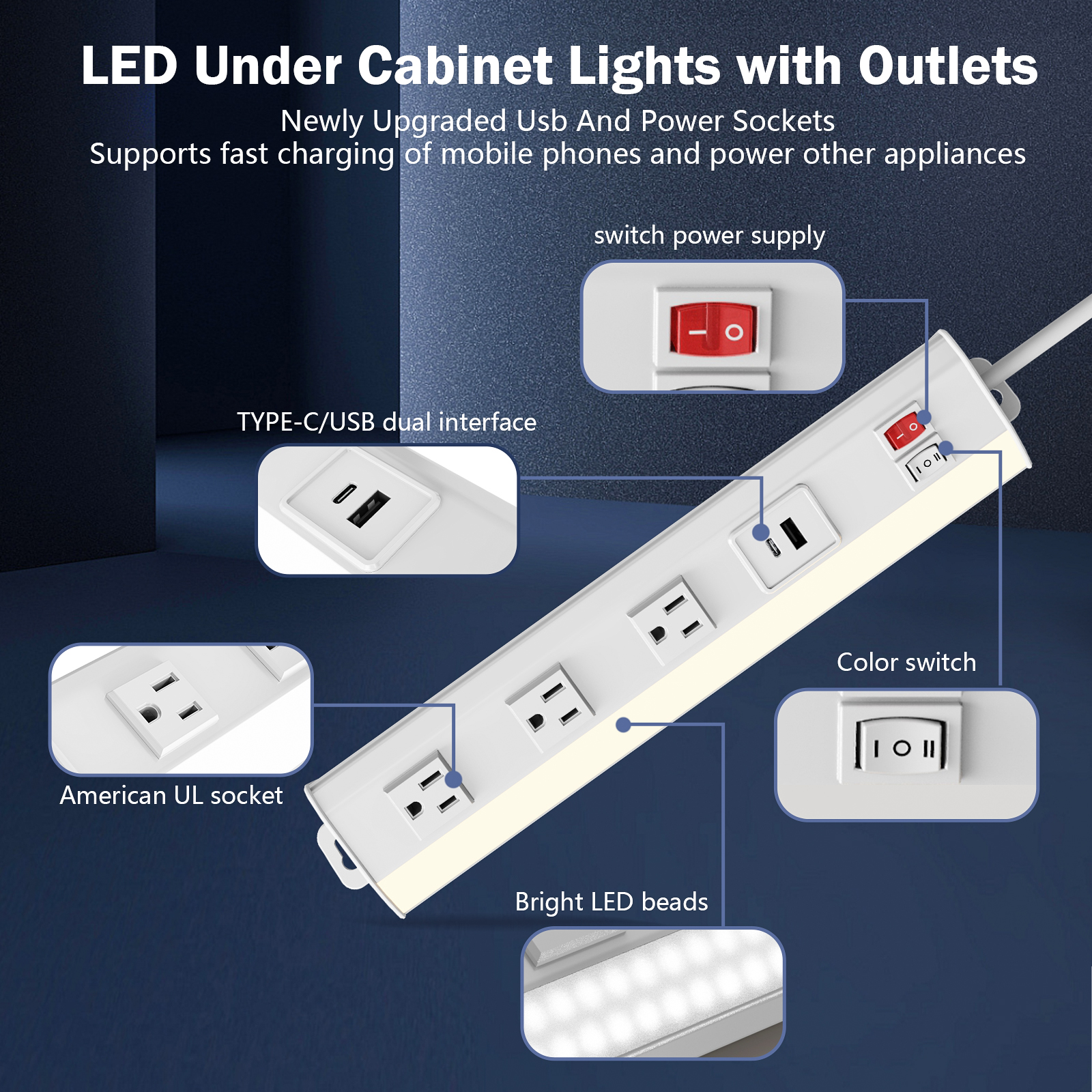 Multi-Functional Power Strip with Under Cabinet Lights Bar, 3 AC Outlets & 2 USB Ports Support USB/Type-C Fast Charging, Aluminum Shell & 2 CCT 3000K/6000K, Under Tool Cabinet Lights
