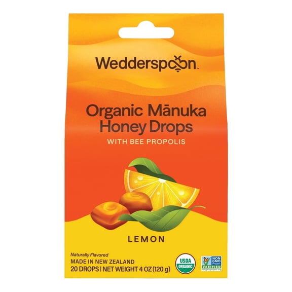 Wedderspoon Organic Manuka Honey Drops for Dry Throats, Lemon & Bee Propolis, 20 Count