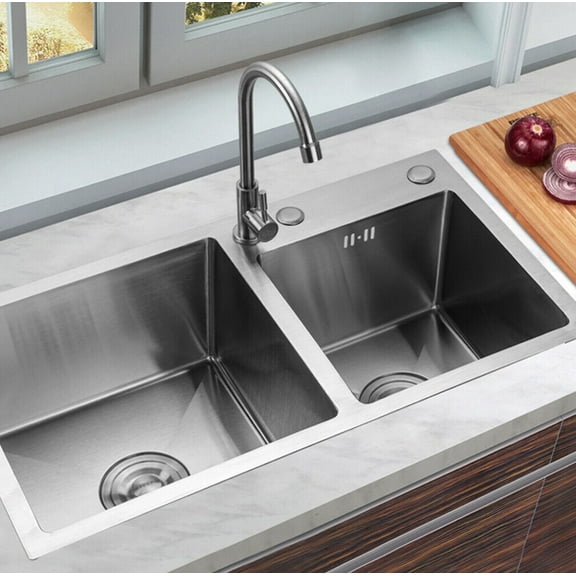 DENSET Silver Stainless Steel 30in Square Double Bowl Sink