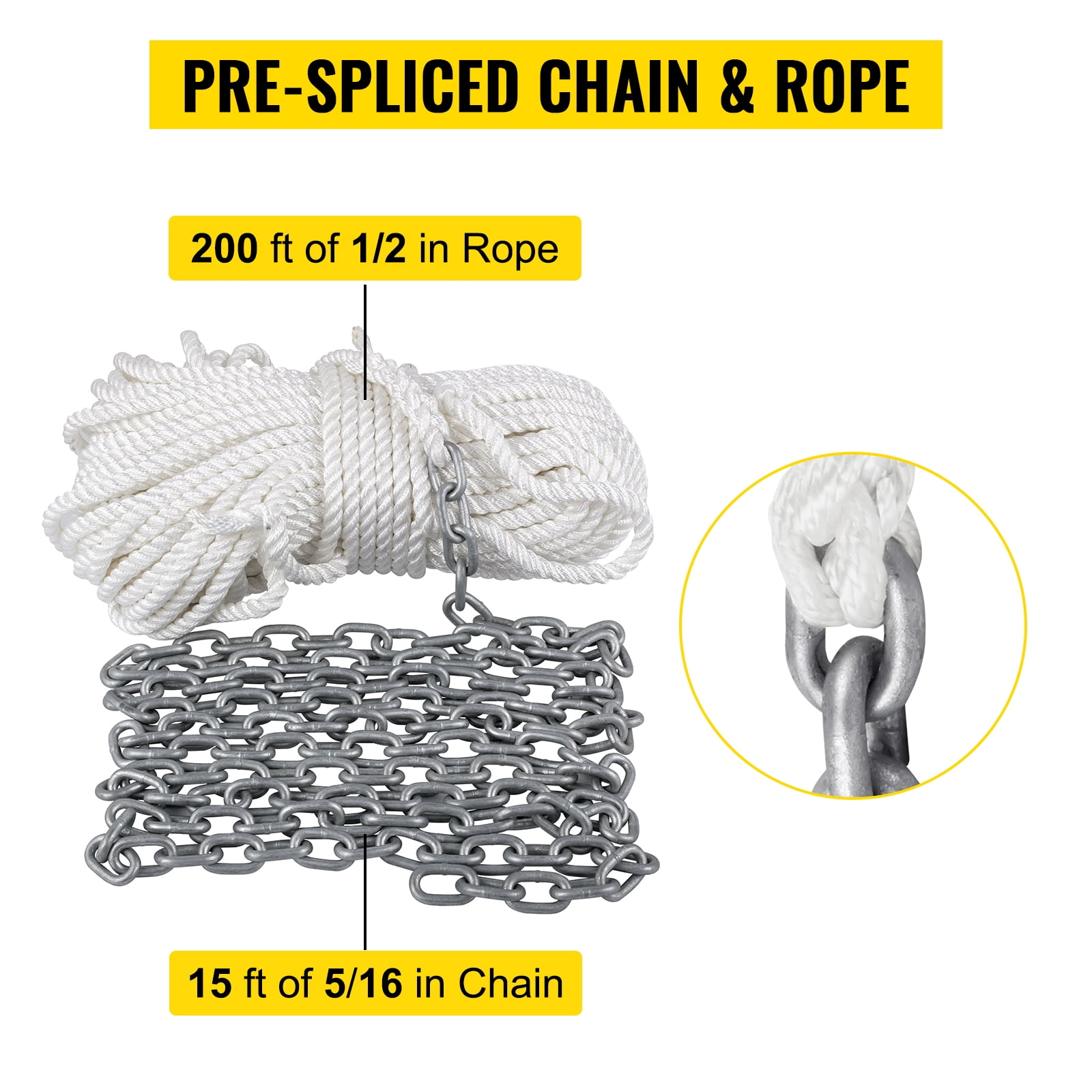 VEVOR Boat Anchor Chain 15' x 5/16" Galvanized Chain 1/2" x 200' Nylon Rope
