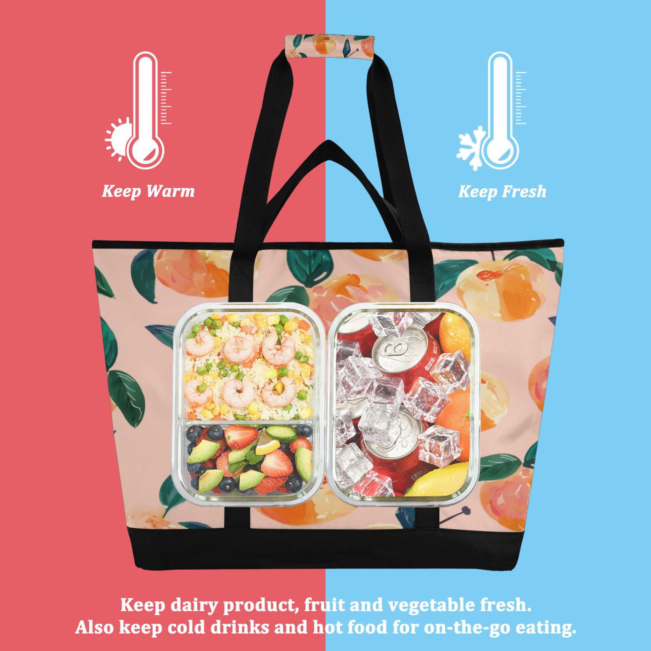 Large Hand-held Ice Pack Picnic Bag Insulation and Refrigeration Suitable for Shopping Picnics and Camping Pink Peach