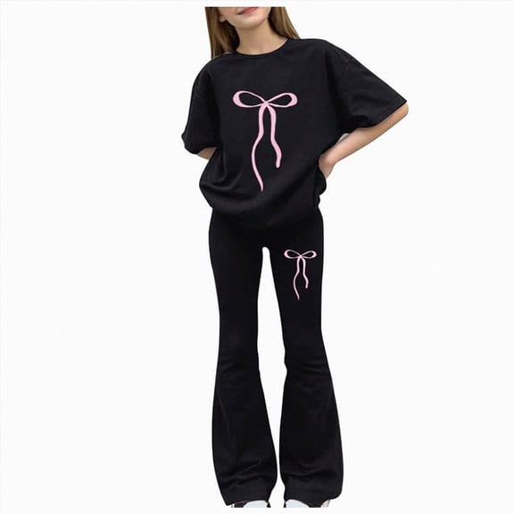 Kogui Tween Clothes for Girls Summer Girls Summer Outfit Girl Sister 2pcs Sets T-Shirt   Flare Leg Pants Size 11-12 (Black,11-12 Years)