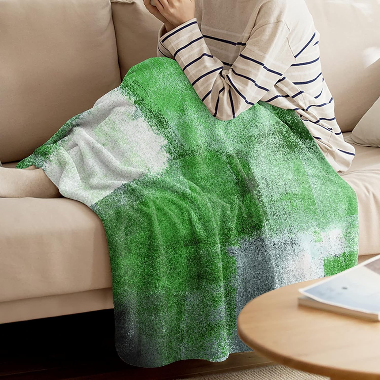 Green and Grey Flannel Fleece Blanket Forest Super Soft Breathable Throw Blankets Rustic Paint Art Graffiti Lattice Warm Cozy Decorative for Sofa Chair Bedroom All Seasons Use 50" x 60"