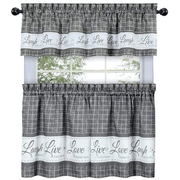 GoodGram Country Gingham Check Live~Laugh~Love 3 Pc. Café Plaid Kitchen Curtain Set - Assorted Colors & Sizes (Gray, 36 in. L)