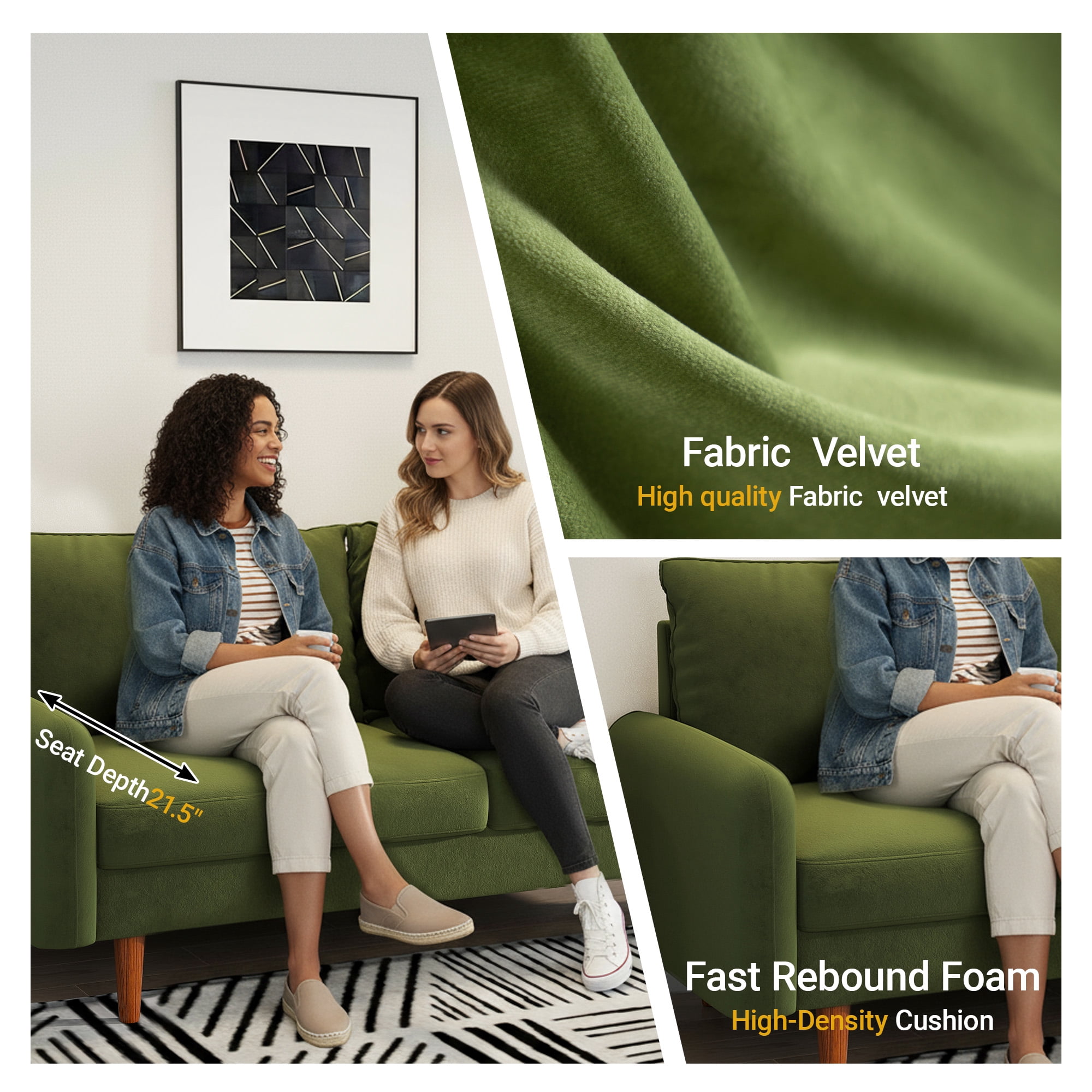Koby Home 58" Loveseat Sofa Couch - Velvet Comfy with Wood Legs for Living Room Green