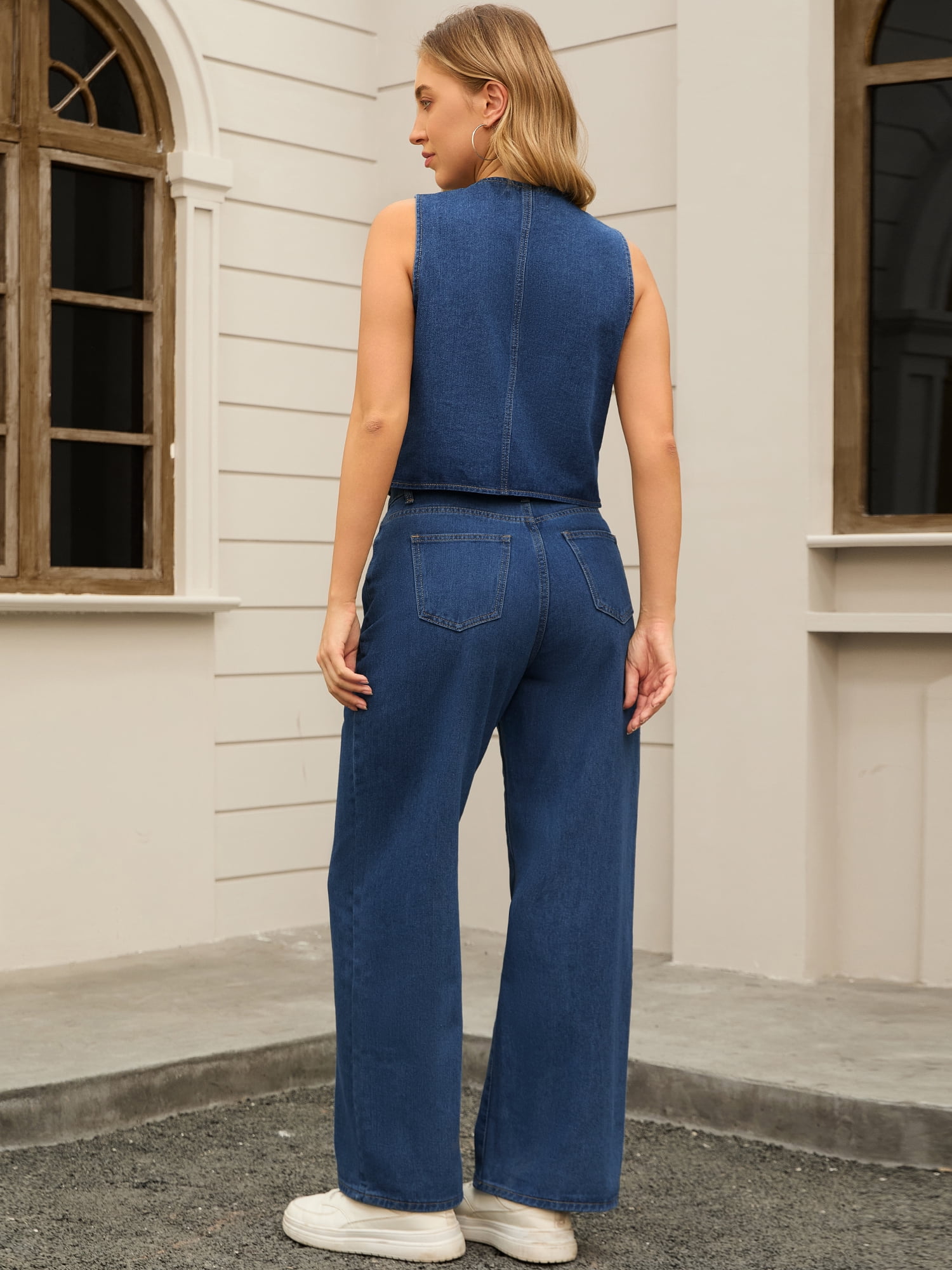 DARING DIVA Women's Denim Set 2 Pieces Outfits Matching Wide Leg Jeans L Dark Blue