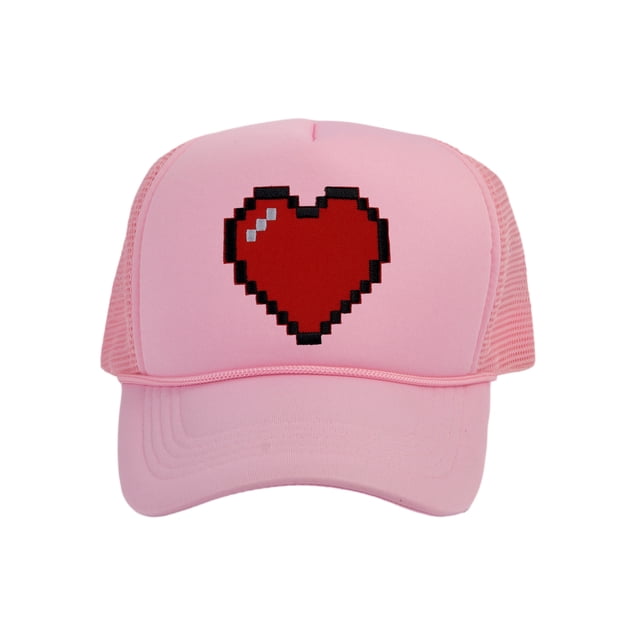 Men's 80's Retro Large 8 Bit Pixelated Heart Gamer Trucker Hat, Light Pink