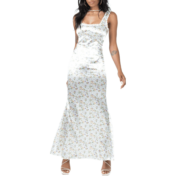 Coduop Women Sleeveless Square Neck Floral Print Party Dress Ruffle Slim Fit Cocktail Bodycon Dress