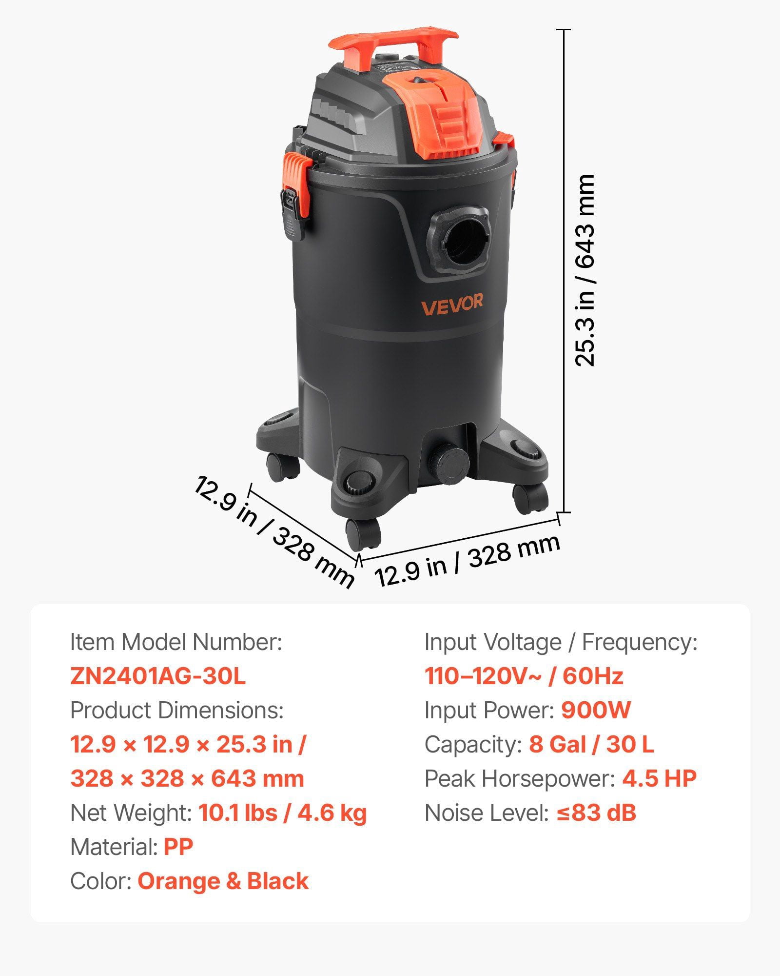 Shop-Vac 8 Gallon 4.5 Peak HP Wet/Dry Vacuum, 900W Portable Shop Vac