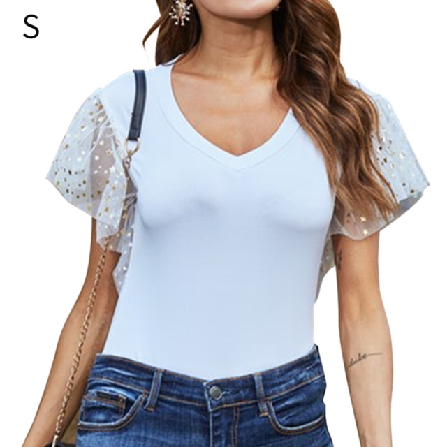 Camiseta de mujer Verano Cuello en V Gasa Lentejuelas Manga corta Top casual, Blanco, S sidaley AP001323-05
