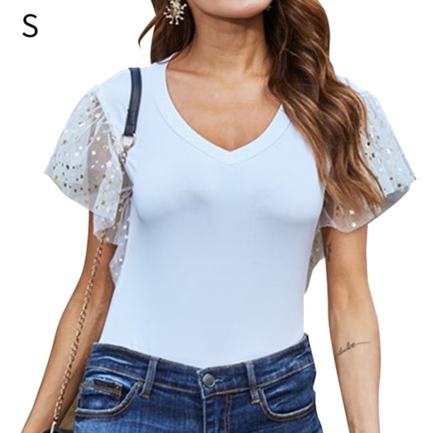 Camiseta de mujer Verano Cuello en V Gasa Lentejuelas Manga corta Top casual, Blanco, S sidaley AP001323-05