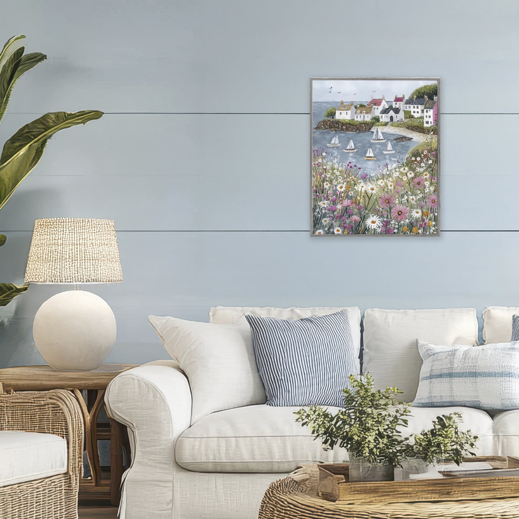 Stupell Industries Seaside Sailboats in Village Bay Gray Framed Giclee Art, design by Riley B
