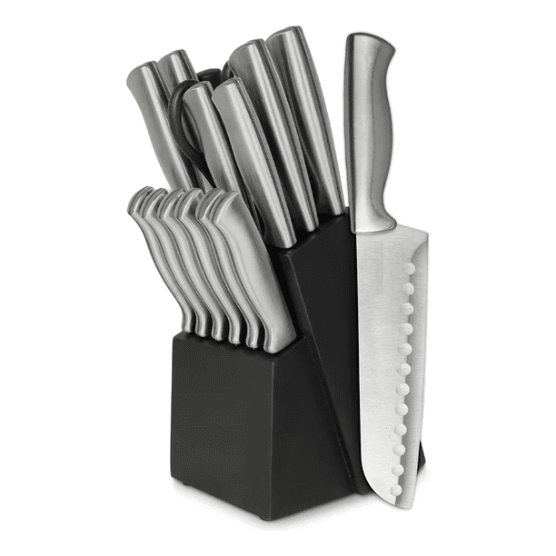 Cuchillos de Cocina de Acero Inoxidable (15 Pz) con Base de Madera Malubero Negro, Plateado