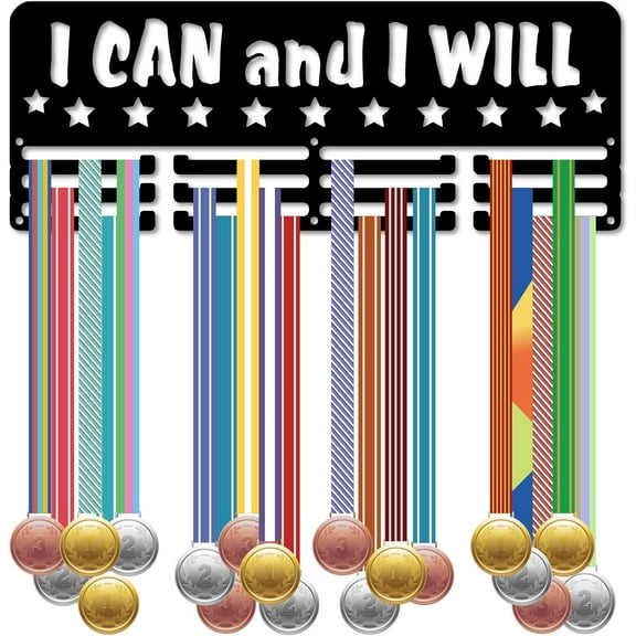 Running Medal Holder Display Medals Hanger Rack Sports Ribbons Organizer Athlete Metal Rack Wall Mount Frame for Hanging 60 Medals Awards Football Soccer 15.7x5.9Inch-I Can and I Will Mixed Color