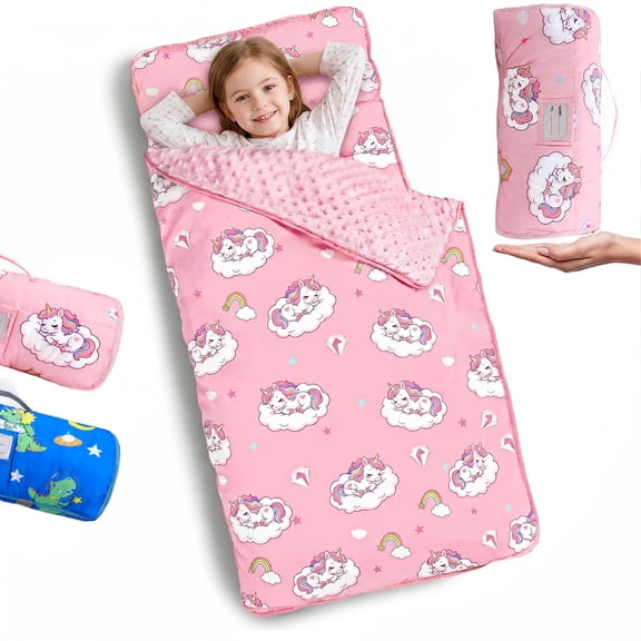 Teblint Thickened Toddler Nap Mat with Removable Pillow & Minky Blanket, 51''x20'' Sleeping Bag, Washable, Roll up, Perfect for Daycare, Preschool, Kindergarten, Boys and Girls Pink