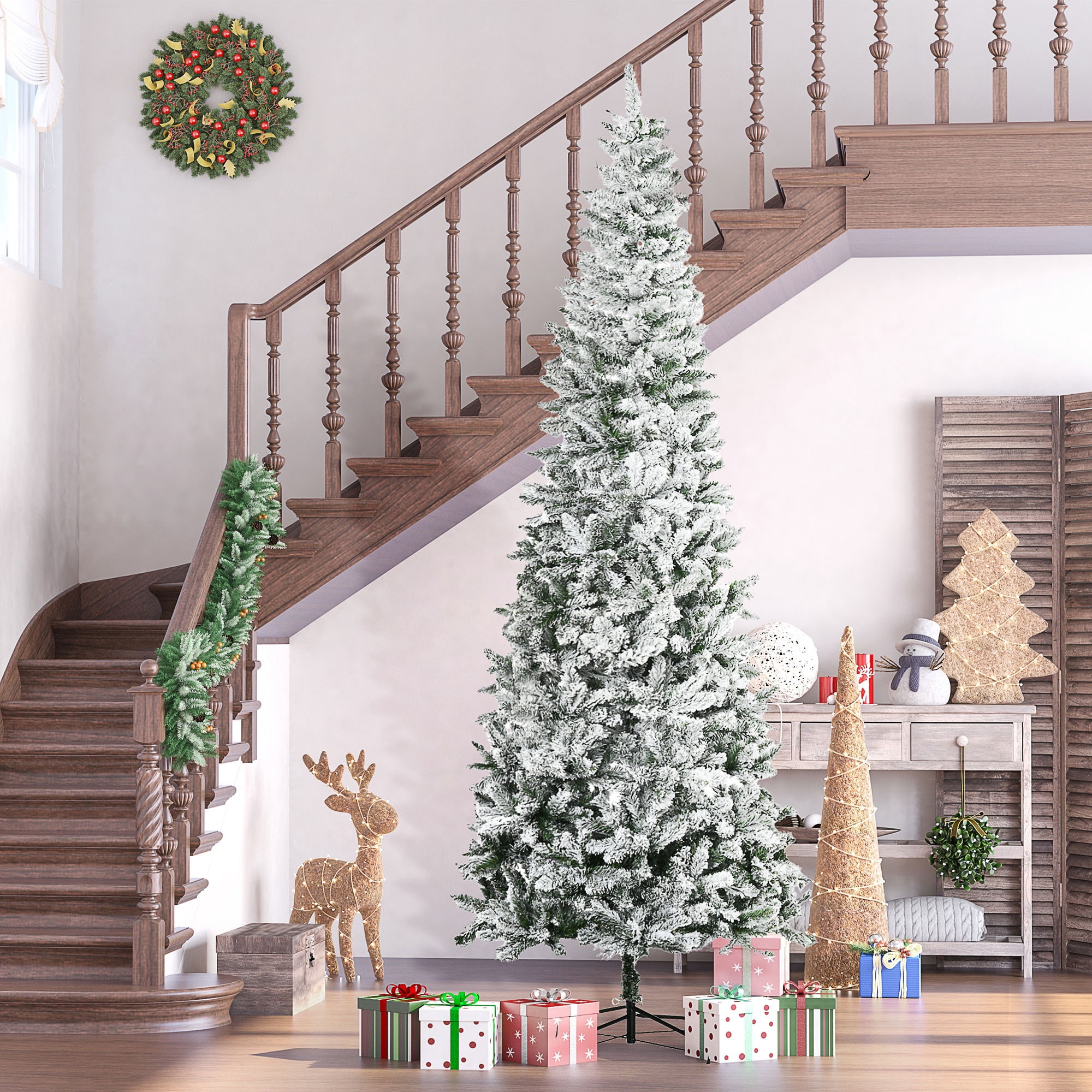 6ft Snow Flocked Pencil Christmas Tree Full Branch Tips Metal Stand Small Space Holiday Decor