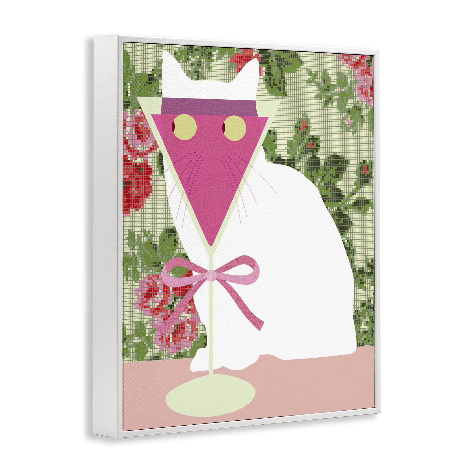 Stupell Industries White Cat with Pink Martini White Framed Giclee Art, design by Lil' Rue